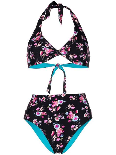 Fisico Floral Print Two Piece Bikini Black Editorialist