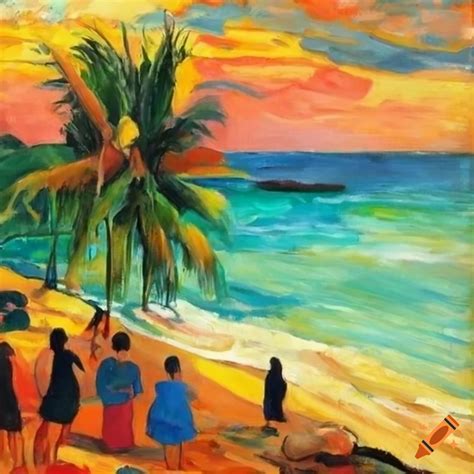 Colourful Tropical Beach In Paul Gauguin Style On Craiyon