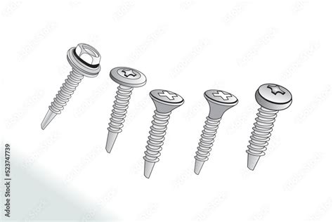 Screw nut set drawing, Nuts, Bolts Screws Collection, Isometric View, Technical Illustration ...