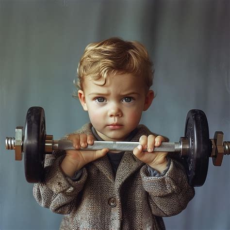 Little Boy Trying To Lift Heavy Weight In A Gym Premium Ai Generated