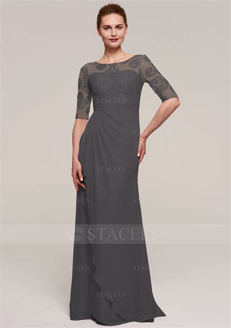 Sheath Column Bateau Half Sleeve Long Floor Length Chiffon Mother Of