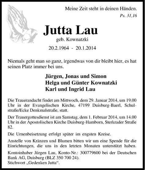 Traueranzeigen Von Jutta Lau Trauer In Nrw De