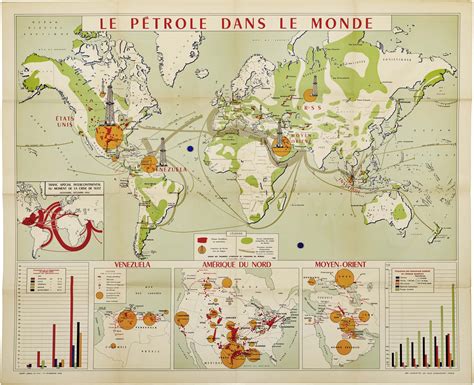 Imposing 1958 thematic map of global crude oil production - Rare ...