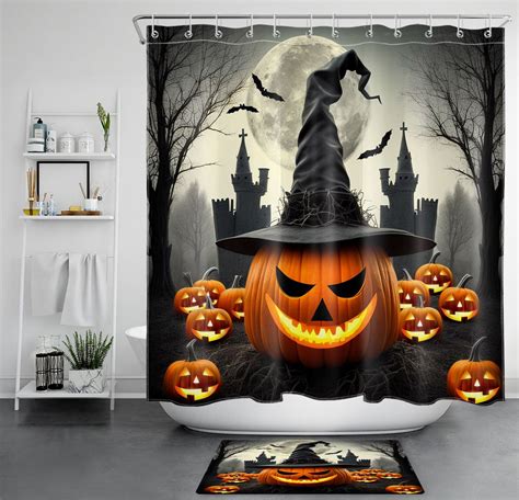 Haunted Castle Halloween Shower Curtain Set With Bats Pumpkins And