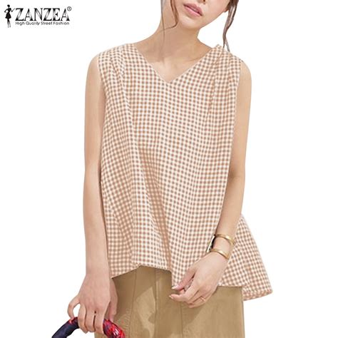 ZANZEA Women Korean Daily Sleeveless V Neck A Shape Plaid Tanks