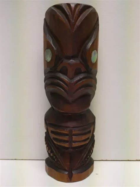 VINTAGE CARVED WOODEN Tiki Statue New Zealand Maori Paua Shell Eye