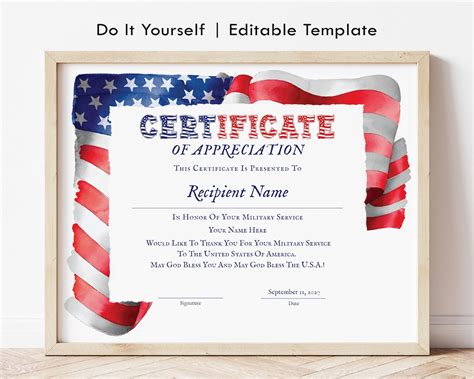 American Appreciation Certificate Honoring Military Service