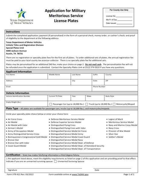 VTR 421 Application For Military Meritorious Service License Plates