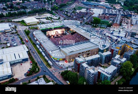 Aerial view of Take That at Carrow Road Football Stadium Stock Photo ...