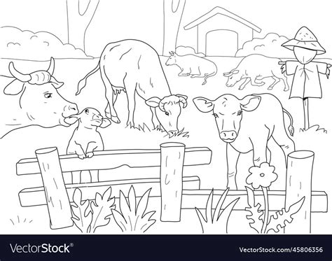 Cows Eating Grass On Farm Animal Coloring Page Vector Image