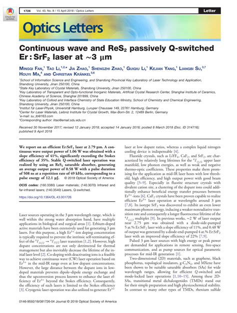 PDF Continuous Wave And ReS2 Passively Q Switched Er SrF2 Laser At