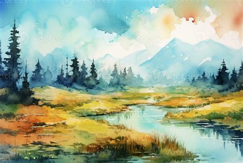 landscape watercolor background. Generative AI 30453052 Stock Photo at ...