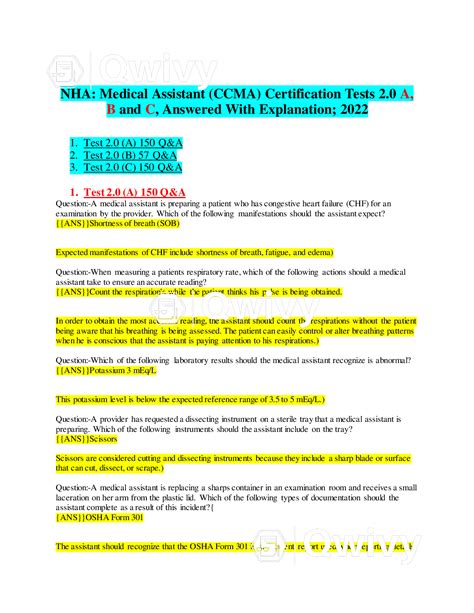 Nha Medical Assistant Ccma Certification Tests 2 0 A B And C Answered With Explanation