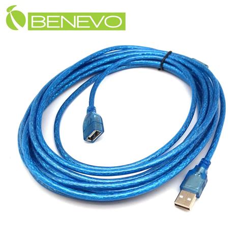 Benevo 5米 USB2 0 A公 A母 高隔離延長線 BUSB0500AMF 透明藍 母頭有包覆 PChome 24h購物