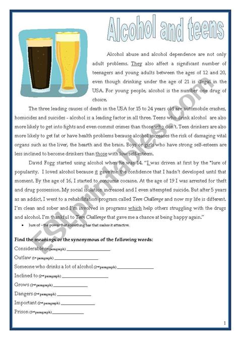 Alcohol And Teens Esl Worksheet By Morganalin