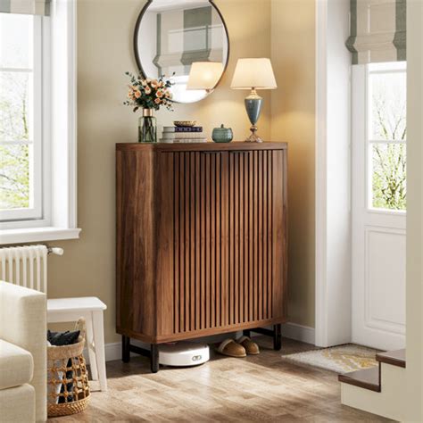 Loon Peak Pair Walnut Shoe Storage Cabinet With Louvered Doors