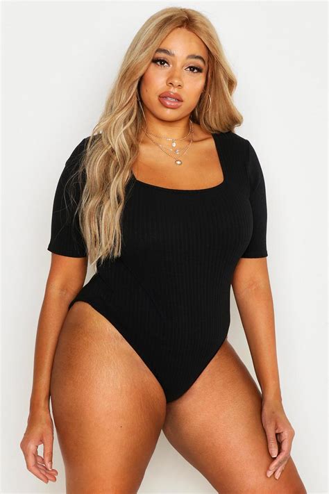 Womens Black Plus Rib Knit Short Sleeve Bodysuit Boohoo Uk