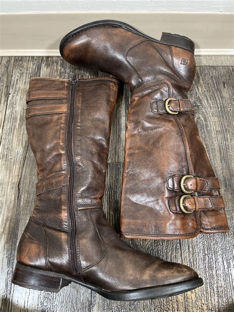 BOC Born Concept Brown Leather Riding Boots Side Zip Gem