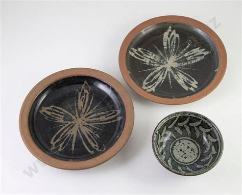 Mirek Smisek Plates And Bowl With Impressed Marks New Zealand Potters