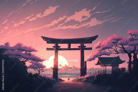 Traditional Torii Japanese gate during a pink sunset. Anime style ...