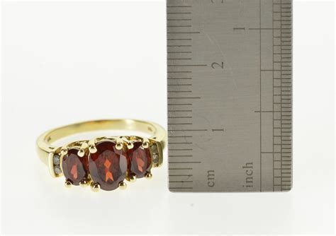 10K Three Stone Garnet Diamond Channel Trellis Yellow Gold Ring Size 7