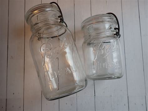 Vintage Clear Glass Ball Ideal Jar With Lid And Bail Set Of 2 Quart And Pint Sized Mason Jars