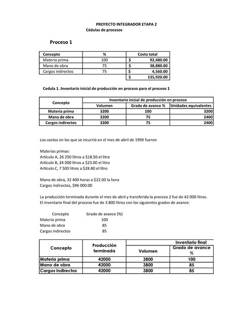 Pie Cedulas Proyecto Integrador Etapa Proceso Concepto Costo