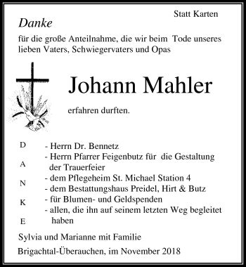 Traueranzeigen von Johann Mahler Schwarzwälder Bote Trauer