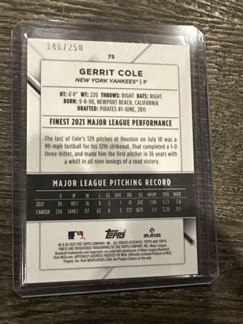 2022 Topps Finest Gerrit Cole Blue Aqua Vapor Refractor 250 Yankees