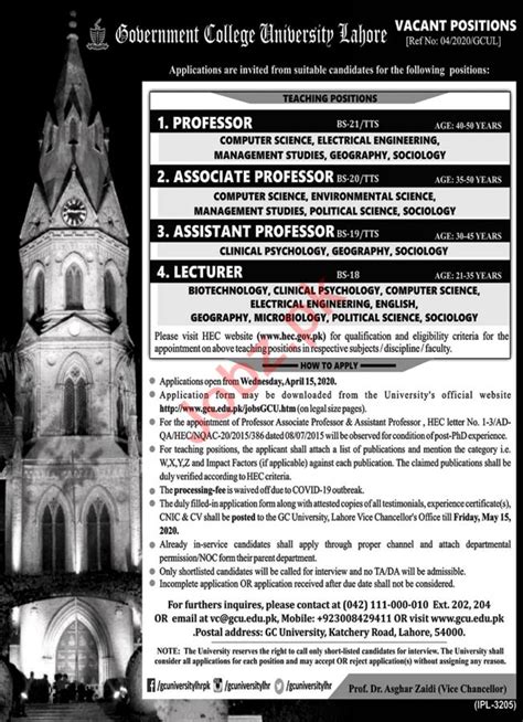 Government College University Lahore Gcul Professors Jobs 2023 Job