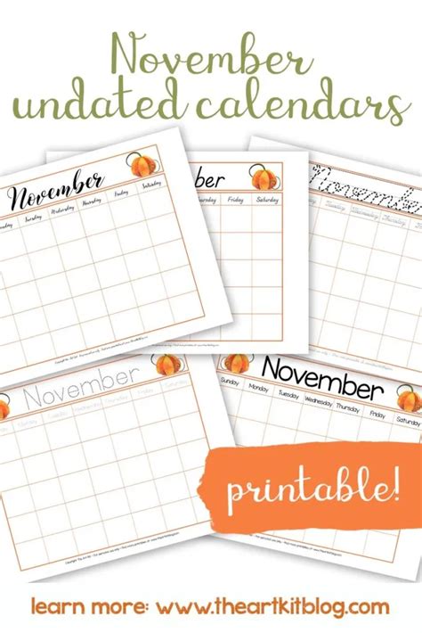 Free Printable Undated November Calendars Many Fonts The Art Kit