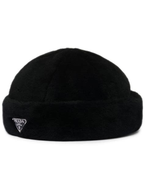 Prada Triangle Logo Shearling Hat Black FARFETCH UK