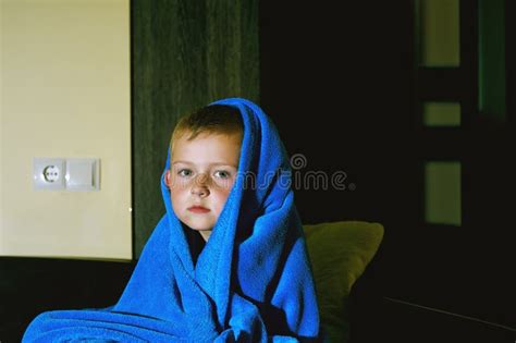 A Scared Little Boy Afraid In Bed At Night Childhood Fears Stock