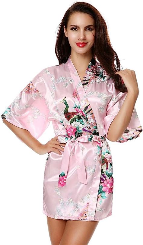 Lome123 Kimono Albornoz de seda para mujer diseño de pavo real y