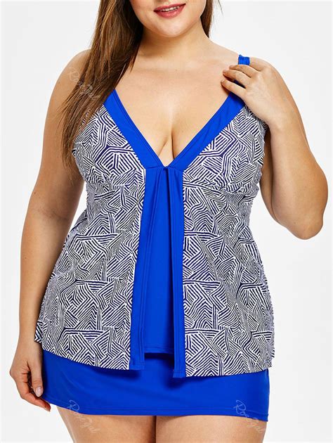 [50 Off] Flyaway Plus Size Plunge Print Tankini Set Rosegal