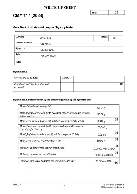 Cmy Practical Write Up Sheet Prep Of Copper Ii Sulphate