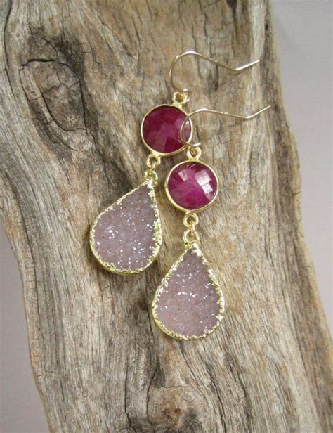 Druzy Earrings Ruby Earrings Gemstone Earrings Druzy Quartz Gold