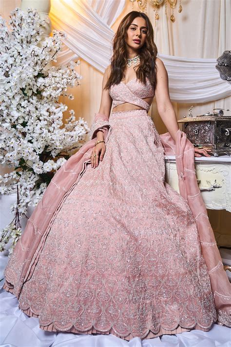 Buy Pink Silk Organza Embroidered Sequins V Neck Lehenga Set For Women