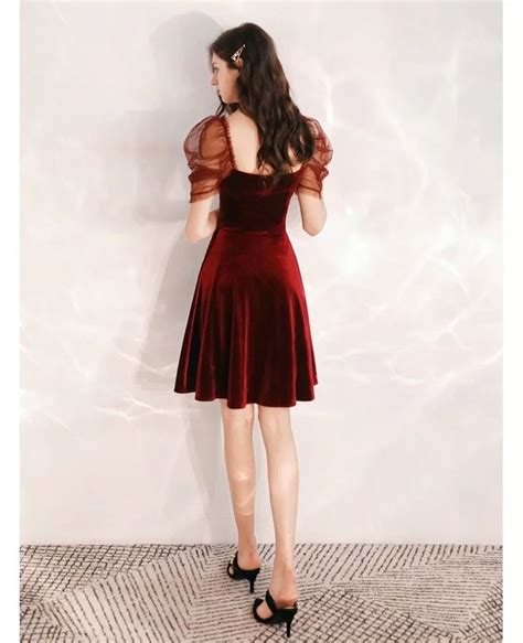 Simple A Line Short Velvet Burgundy Dress With Sleeves Htx88033