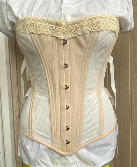 Midbust Victorian Era Corset With Fan Lacing and Busk, Historical Ivory
