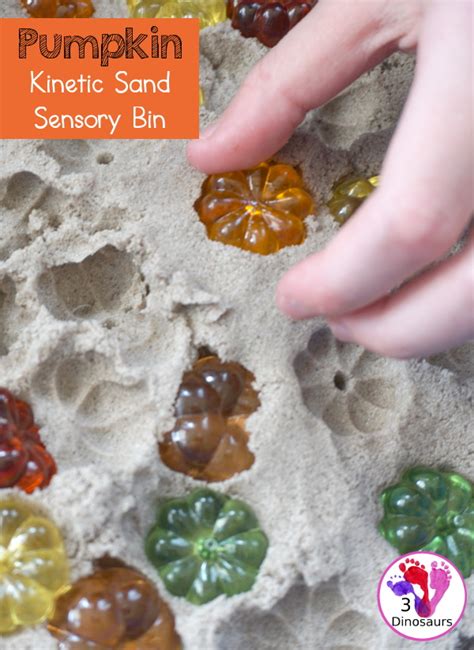 Pumpkin Kinetic Sand Sensory Bin 3 Dinosaurs