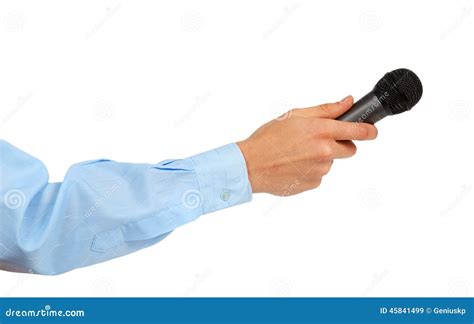 Man S Hand In A Blue Shirt Holding A Microphone Stock Image Image Of Adult Male 45841499