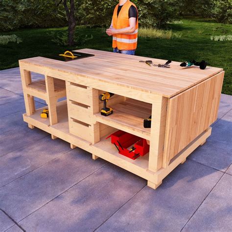 Handmade Wooden Workshop Bench Plans & Drawings, DIY Folding Workbench Kit, Furniture ...