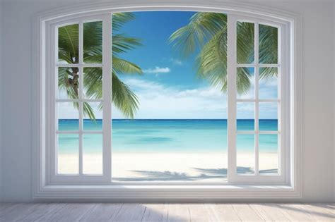 Premium AI Image | a view of a beach through a window with a palm tree generative ai