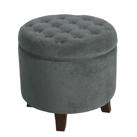 Benjara Gray And Brown Velvet Round Storage Ottoman Bm The Home