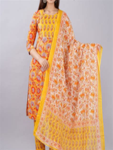 Buy Kalini Women Yellow Ethnic Motifs Printed Pure Cotton Kurta With Trousers And Dupatta Kurta