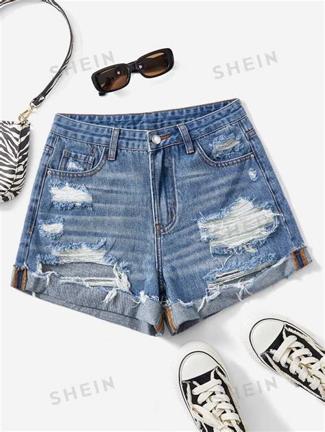 Shein Ezwear Shorts En Mezclilla Desgarro Bajo De Doblez Moda De