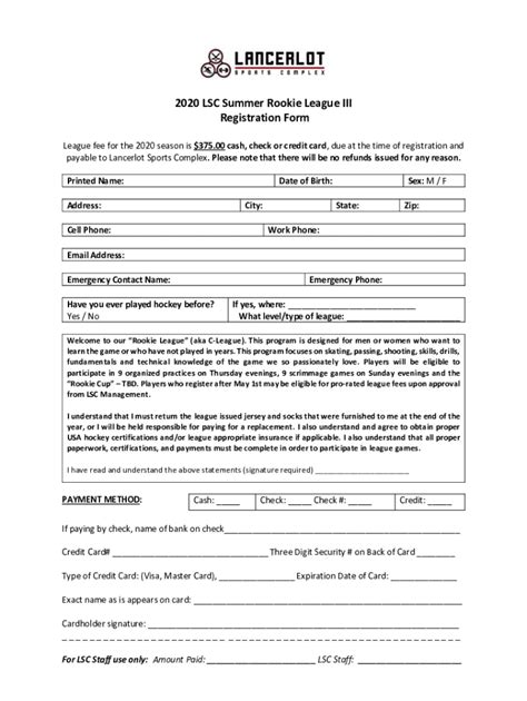 Fillable Online Lsc Summer Rookie League Iii Registration Form Fax