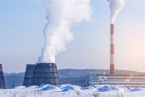 Smoking Pipes Of Thermal Power Plant Emitting Carbon Dioxide In The