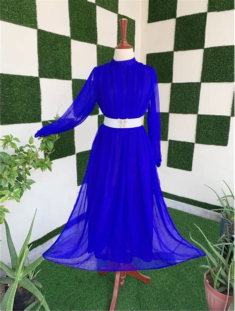 Royal Blue Plain Chiffon Maxi Long Frock With Belt For Women S